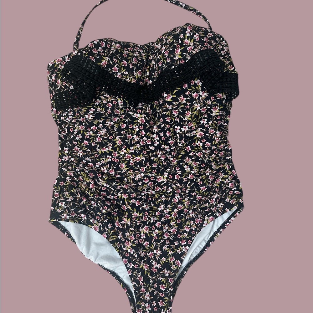 EUC Kona Sol Women’s Black Floral One-Piece Halter / Lace Swimsuit Size Large - Picture 1 of 3